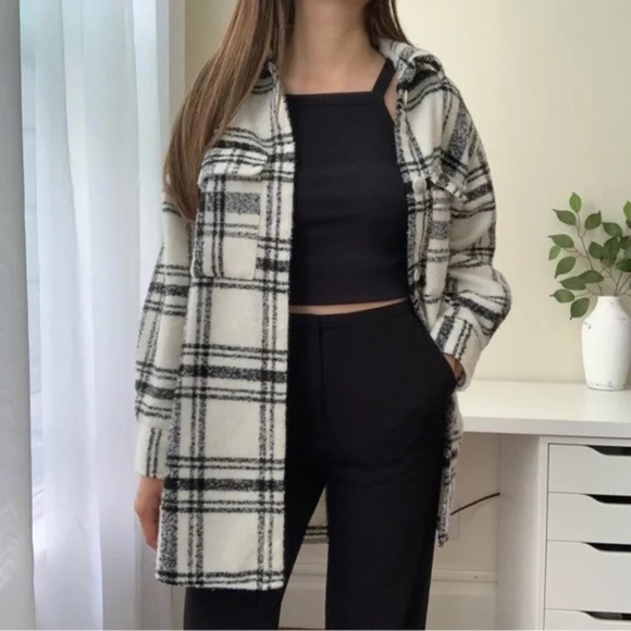 H&M Jackets & Blazers - Black & White Plaid Oversized Shirt Jacket / Shacket
